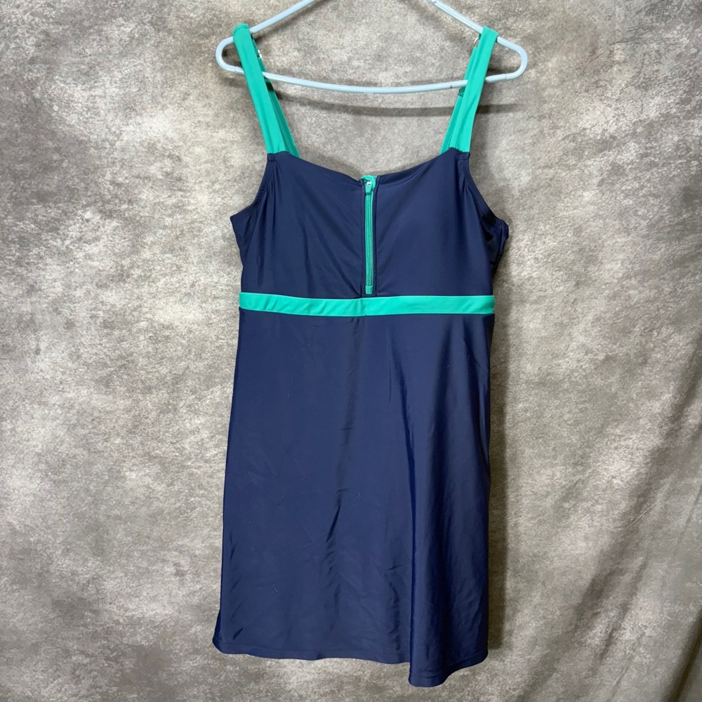 Lands End Navy Blue Teal Zip Front Swim Dress One Piece Swimsuit Size L 14-16